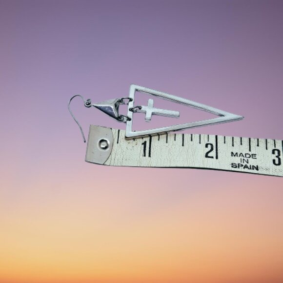 Silver Tone Dangle Cross Earrings - Picture 5 of 5